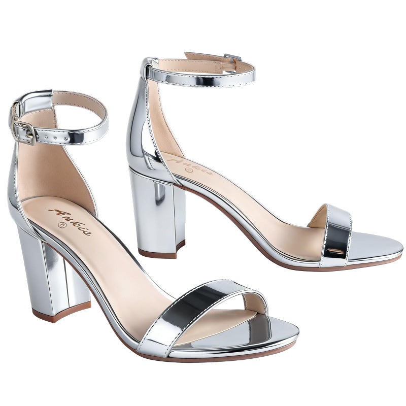 Ankis Silver Heels for Women Chunky - Open Toe Glitter Heels for Women Chunky Pump Sandals Party Wedding Block Heels Standard Size 2.75 Inches Tall Thick Heel Silver 7 - Image 1