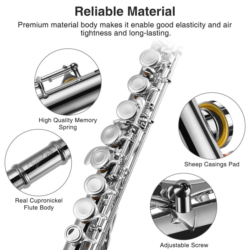POGOLAB Flutes, Closed Hole C 16 Keys Flute Instrument, Student Flute for Beginner Advanced Player, with Cleaning Kit, Carry Bag, Strap, Probe Rod, Gloves (Nickel) - Image 2