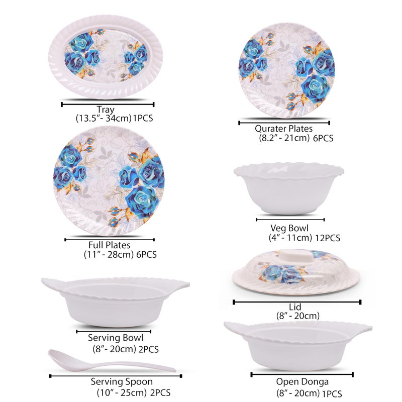 Home Pro Home-Pro - 32 Pieces Melamine Dinner Set Royal Lehar, Stain Resistant, Beautiful Blue Flower Design Crockery Dinnerware in Exclusive Square Shape Set for Your Home Kitchen and Gifting - Image 3