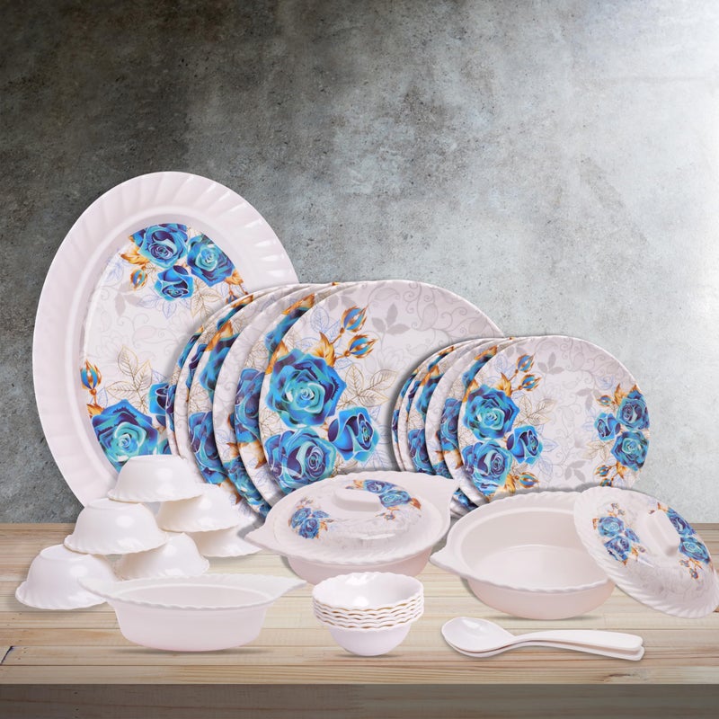 Home Pro Home-Pro - 32 Pieces Melamine Dinner Set Royal Lehar, Stain Resistant, Beautiful Blue Flower Design Crockery Dinnerware in Exclusive Square Shape Set for Your Home Kitchen and Gifting - Image 1