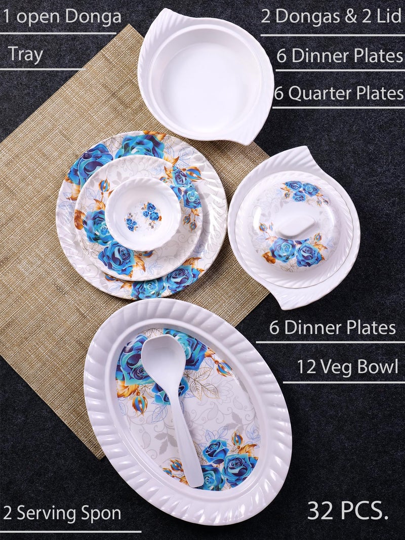 Home Pro Home-Pro - 32 Pieces Melamine Dinner Set Royal Lehar, Stain Resistant, Beautiful Blue Flower Design Crockery Dinnerware in Exclusive Square Shape Set for Your Home Kitchen and Gifting - Image 2