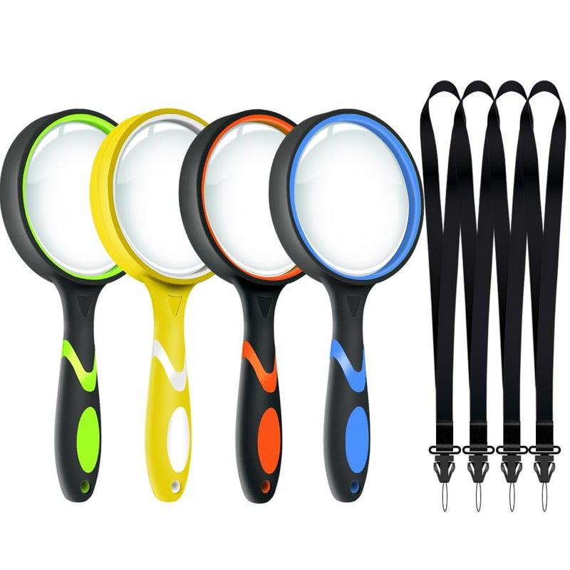 Leffis 4 Pack Magnifying Glass 10X NonSlip Handheld Reading Magnifier with Lanyard for Kids and Seniors 75mm Magnifying Glass Lens for Reading and Nature Exploration