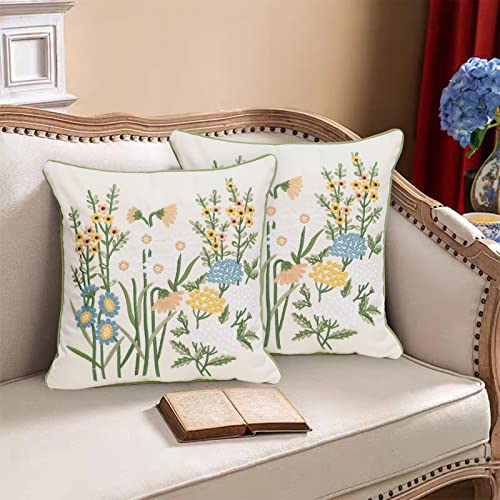 Pilmandu Set of 2 Embroidered Decorative Throw Pillow Covers Couch Square Pillowcases Cushion for Bedroom Sofa Farmhouse Decor 18x18 Inch (Yellow Daisy) - Image 3