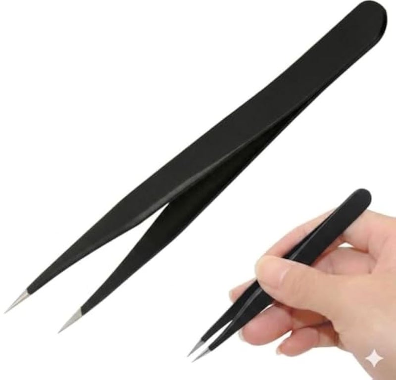 Professional Anti-Static Precision Technology Tweezers, Non-magnetic Straight Pointed Tip, Stainless Steel Plastic Coated, Full Length 120mm, Black - Image 1
