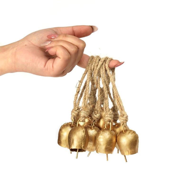 DULI Pack of 10 Rustic Mini Bell – Vintage Brass Hanging Bells for Decor & Craft (Wholesale), Wall Art, Diwali Decor, Home Decor Hanging Bells (Packof10: SmallBellswithRope) - Image 1