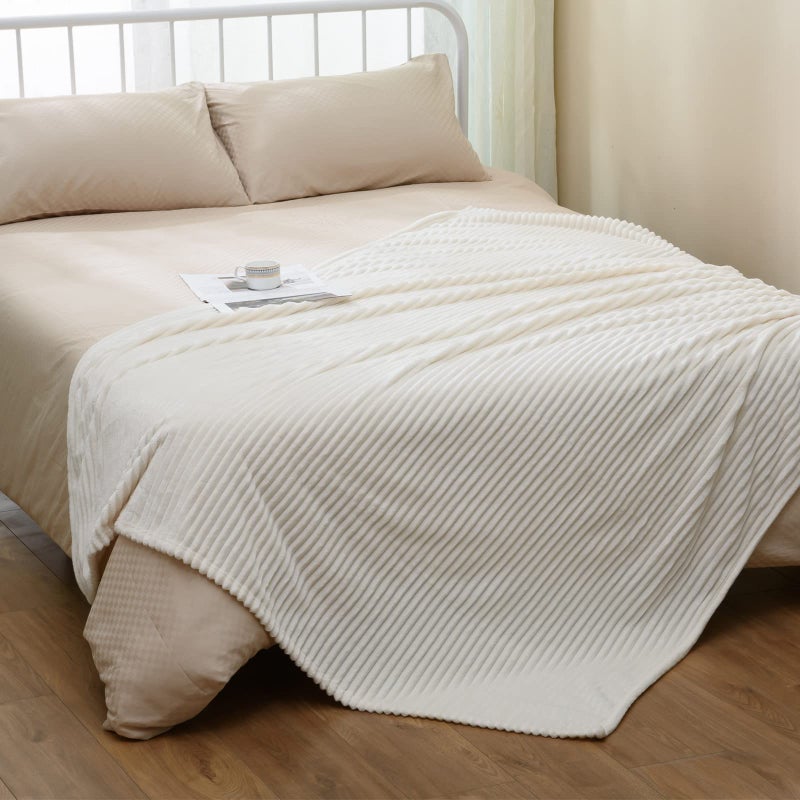 Vessia Flannel Fleece Striped Bed Blanket Twin Size(60x80inch)  300GSM Microfiber Cream Comfy Blanket  Soft Warm Cozy Lightweight Ivory Ribbed Blanket for All-Season - Image 2