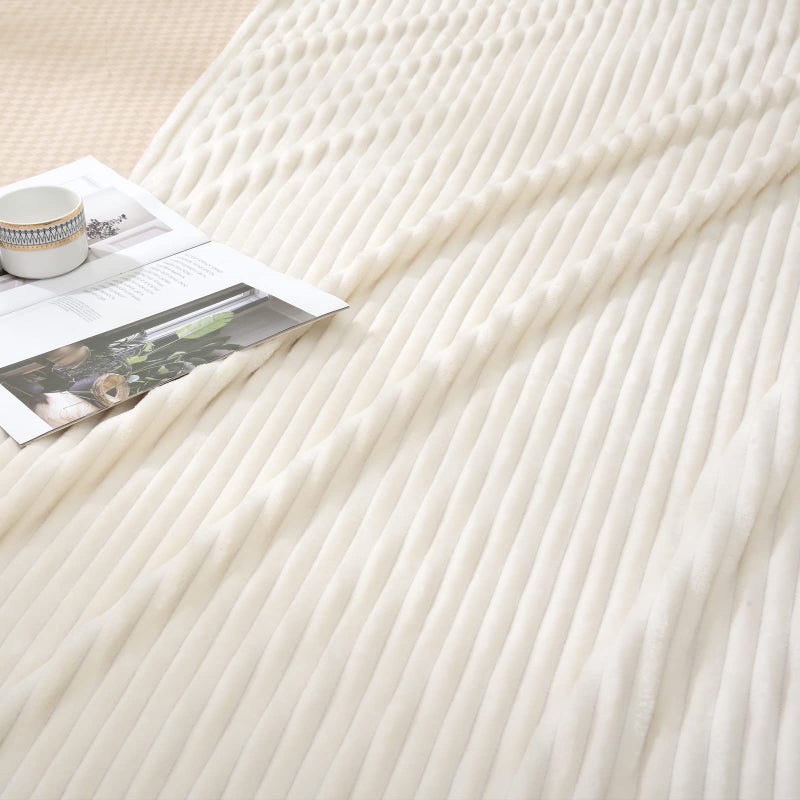 Vessia Flannel Fleece Striped Bed Blanket Twin Size(60x80inch)  300GSM Microfiber Cream Comfy Blanket  Soft Warm Cozy Lightweight Ivory Ribbed Blanket for All-Season - Image 4