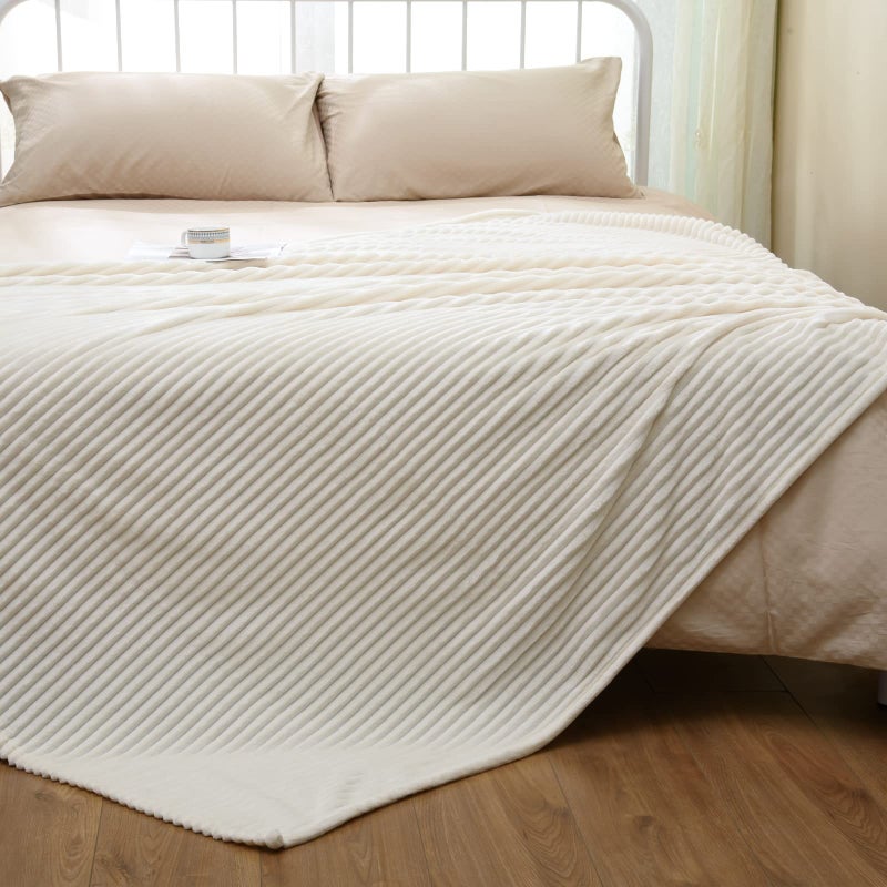 Vessia Flannel Fleece Striped Bed Blanket Twin Size(60x80inch)  300GSM Microfiber Cream Comfy Blanket  Soft Warm Cozy Lightweight Ivory Ribbed Blanket for All-Season - Image 3