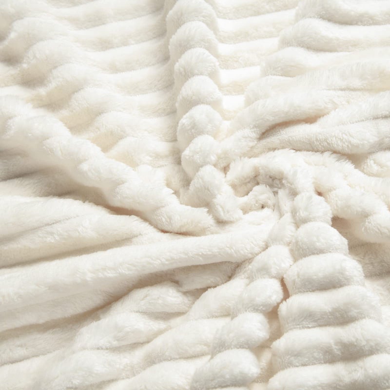 Vessia Flannel Fleece Striped Bed Blanket Twin Size(60x80inch)  300GSM Microfiber Cream Comfy Blanket  Soft Warm Cozy Lightweight Ivory Ribbed Blanket for All-Season - Image 5