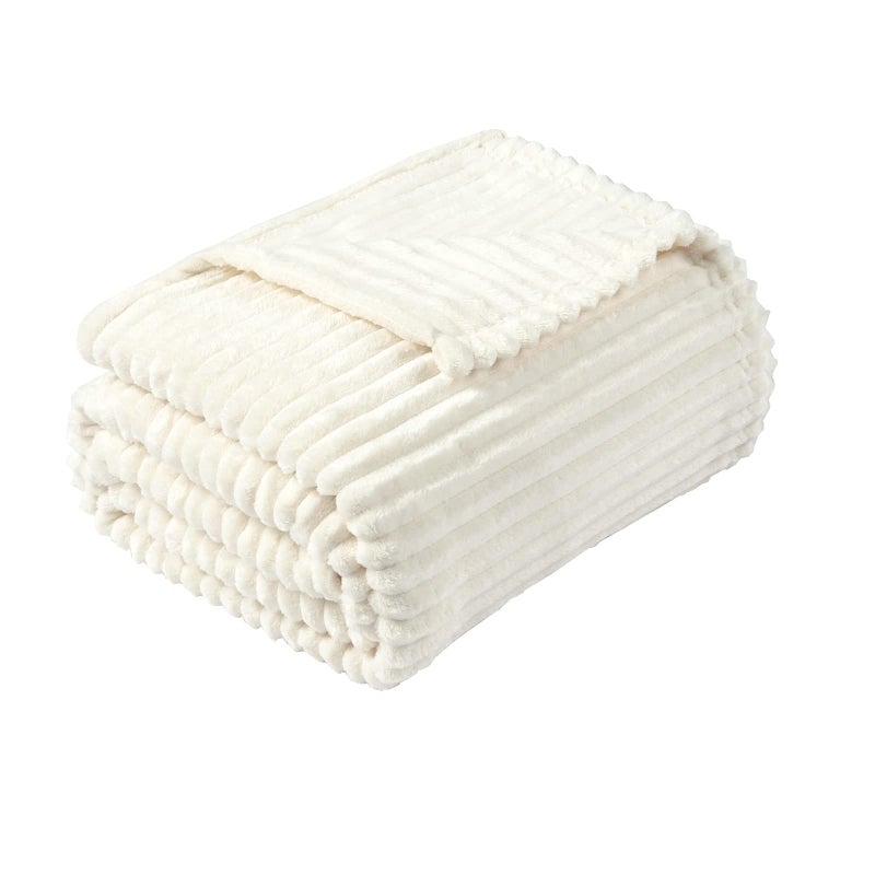 Vessia Flannel Fleece Striped Bed Blanket Twin Size(60x80inch)  300GSM Microfiber Cream Comfy Blanket  Soft Warm Cozy Lightweight Ivory Ribbed Blanket for All-Season - Image 1