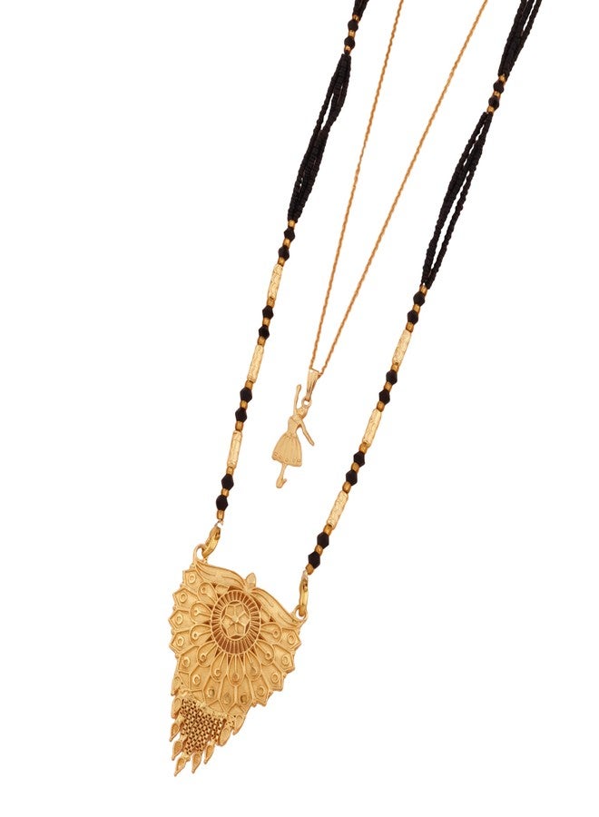 MALKYN Women's Ethnic Gold-Plated Peacock Motif Mangalsutra and Delicate Ballerina Pendant Layered Necklace Set, Traditional Black Beaded Wedding Jewelry for Women-MD-022 - Image 1