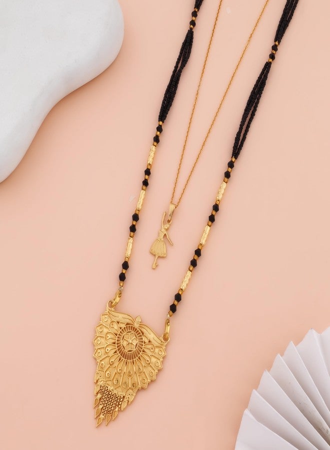 MALKYN Women's Ethnic Gold-Plated Peacock Motif Mangalsutra and Delicate Ballerina Pendant Layered Necklace Set, Traditional Black Beaded Wedding Jewelry for Women-MD-022 - Image 2