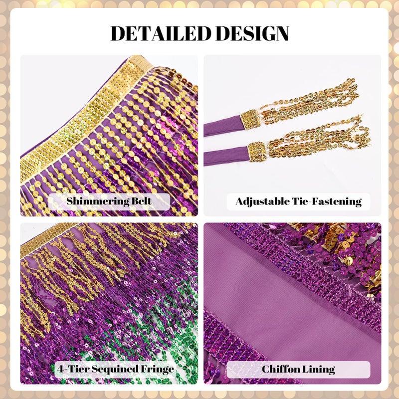 FeelfunFeather Sequin Tassel Skirt Women's Belly Dance Hip Scarf Skirts for Rave Festival Party Costume Stage Performance-Mardigras - Image 5