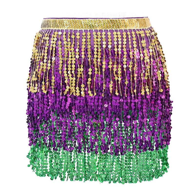 FeelfunFeather Sequin Tassel Skirt Women's Belly Dance Hip Scarf Skirts for Rave Festival Party Costume Stage Performance-Mardigras - Image 1