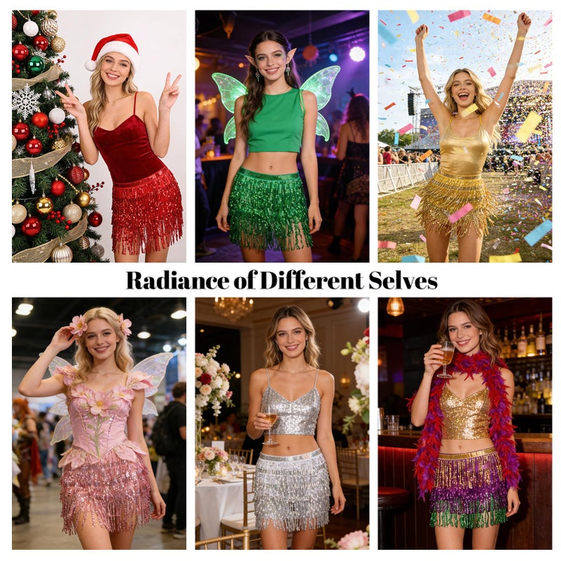 FeelfunFeather Sequin Tassel Skirt Women's Belly Dance Hip Scarf Skirts for Rave Festival Party Costume Stage Performance-Mardigras - Image 2