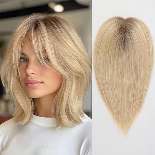 HAIRCUBE Women's Top Hairpieces, 100% Real Human Hair with Bangs, Swiss Lace Base, Hand-Tied, 14inch Ombre Light Blonde - Image 1