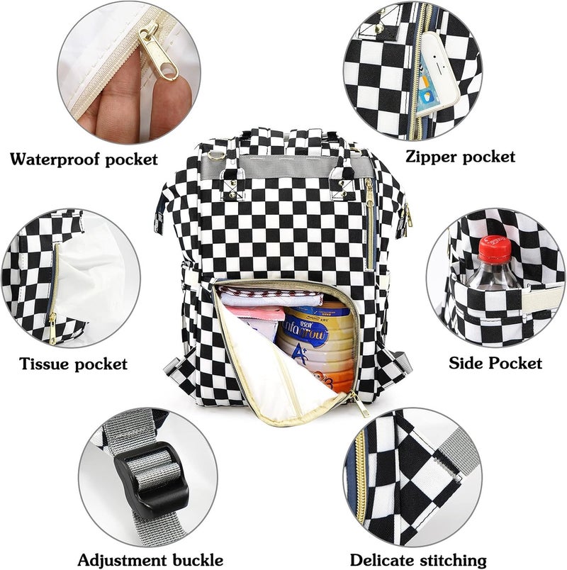 MCWTH Checkered Diaper Bag Backpack Set for Baby Girls Mom Large Capacity MultiFunction Nappy Bags Organizer - Image 4