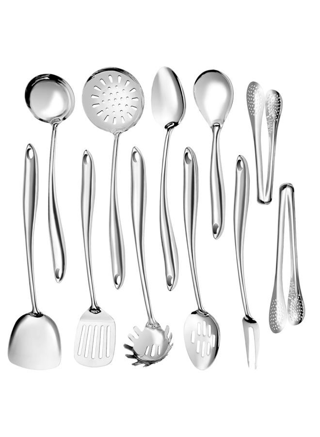 OARSE 304 Stainless Steel Kitchen Utensil Set,11 Pcs Stainless Steel Cooking Utensil,Long Metal Cooking Utensil Gadgets Tools Set with Spatula, Spoon,Skimmer,Tongs etc (Dishwasher Safe) - Image 1