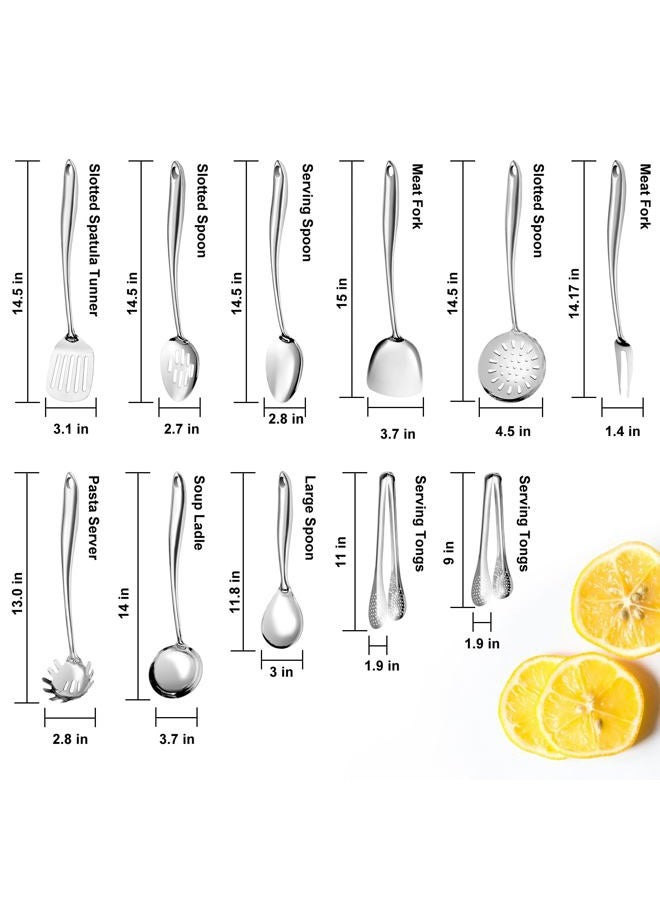 OARSE 304 Stainless Steel Kitchen Utensil Set,11 Pcs Stainless Steel Cooking Utensil,Long Metal Cooking Utensil Gadgets Tools Set with Spatula, Spoon,Skimmer,Tongs etc (Dishwasher Safe) - Image 2
