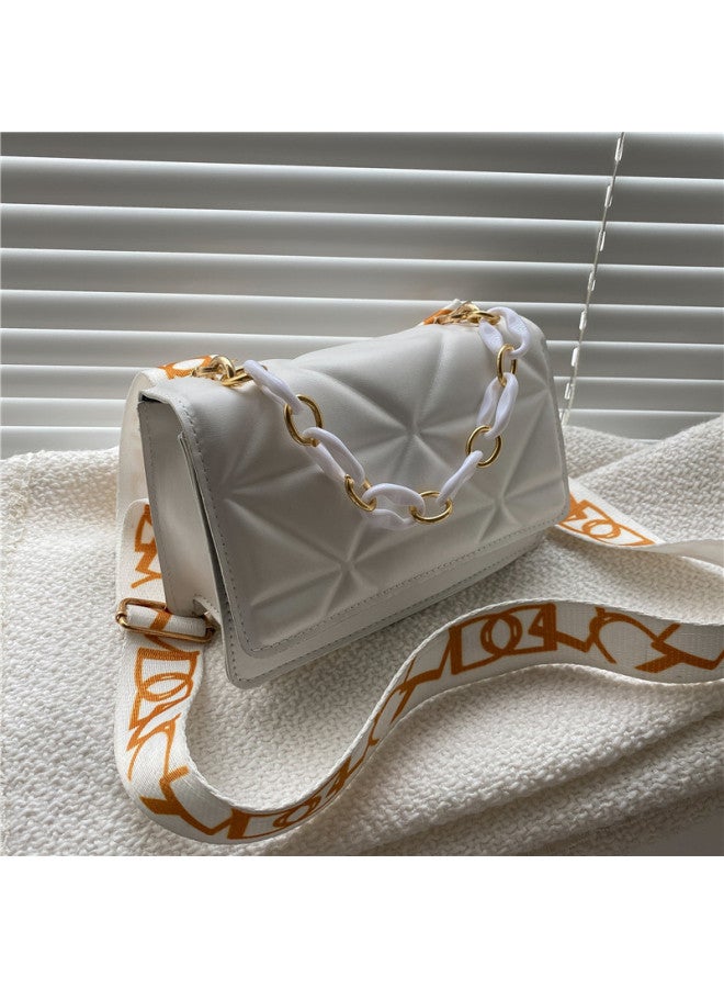 Simple Casual Handbag Fashionable 2021 Vintage Unique Wide Shoulder Strap Single Shoulder Bag Stylish Thick Chain Small Bag-Color:White - Image 1
