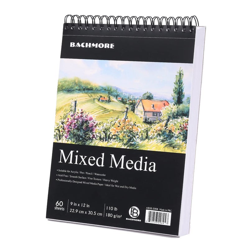BB Bachmore Bachmore Drawing Pad 9X12 Inch (110lb/180g), 60 Sheets, Top Spiral Bound Multi-Media for Artist Pro & Amateurs | Acrylic Art, Ink, Paint, Oil Pastels,Watercolor Mixed Media Sketch - Image 1