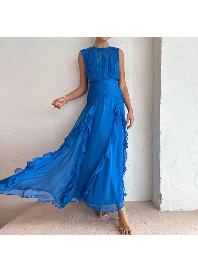 Madam Uniq Blue Chiffon Dress with Round Neck, Sleeveless, Ruffled Hem, and Pleated Design