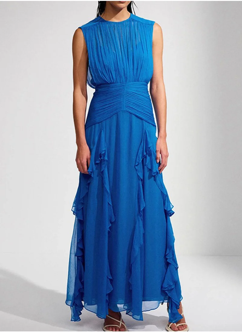 Madam Uniq Blue Chiffon Dress with Round Neck, Sleeveless, Ruffled Hem, and Pleated Design