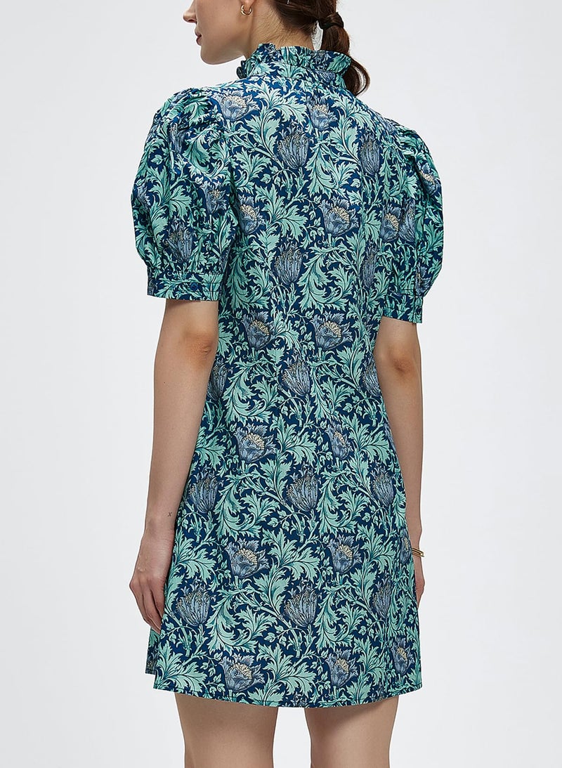Ladyful Women's Summer Floral Dress Short Sleeve Button Down Shirt Mini Dress Ruffle Mock Neck Shift Sundress Blue - Image 4