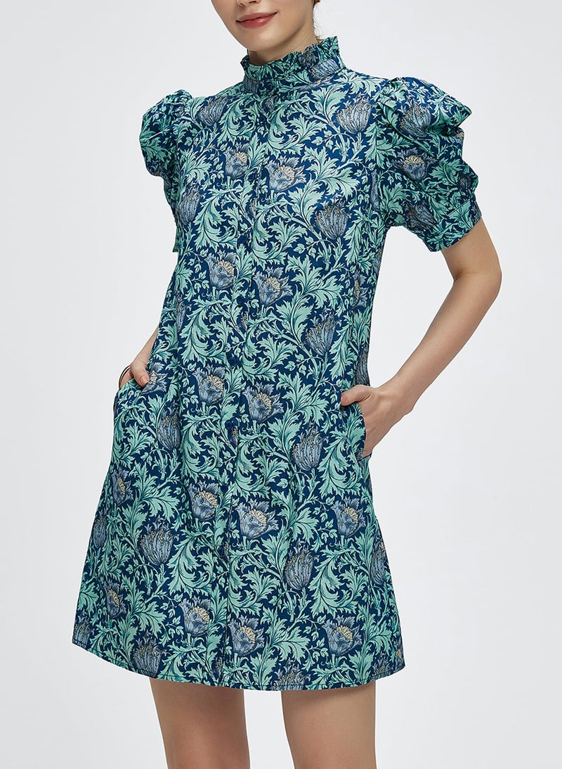 Ladyful Women's Summer Floral Dress Short Sleeve Button Down Shirt Mini Dress Ruffle Mock Neck Shift Sundress Blue - Image 5