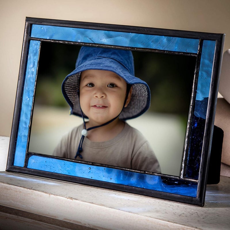 J Devlin Glass Art Blue Picture Frame Stained Glass Easel Back 4x6 Photo Display Horizontal Vertical Home Decor Graduation Gift for Women or Men Family Vacation Pic 32446HV - Image 1