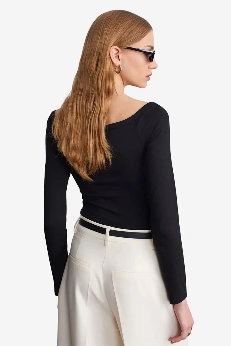 Dilvin Black DILVIN Slim-fit Boat Neck Bodysuit Blouse for Women | Best Price UAE