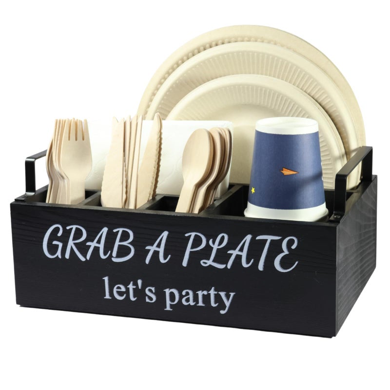 QUALLON Paper Plate Holder, Utensil Caddy Organizer, Wood Paper Plate Dispenser, Silverware Caddy Holder, and Disposable Coffee Bar Accessories Box for Kitchen Counter, Party, Camping, Picnic (6 compartment) - Image 1
