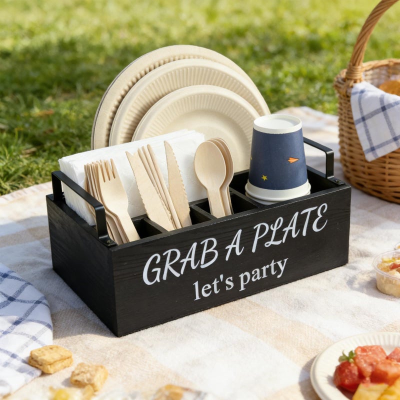 QUALLON Paper Plate Holder, Utensil Caddy Organizer, Wood Paper Plate Dispenser, Silverware Caddy Holder, and Disposable Coffee Bar Accessories Box for Kitchen Counter, Party, Camping, Picnic (6 compartment) - Image 3