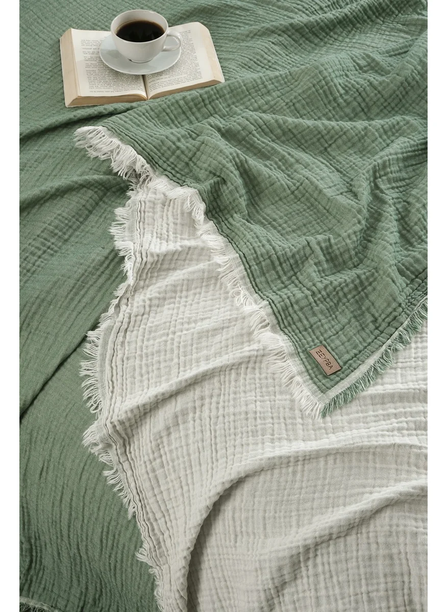 Zeypba 3 Layer Muslin Double Bedspread Double Sided Green-Ecru Tasseled Muslin