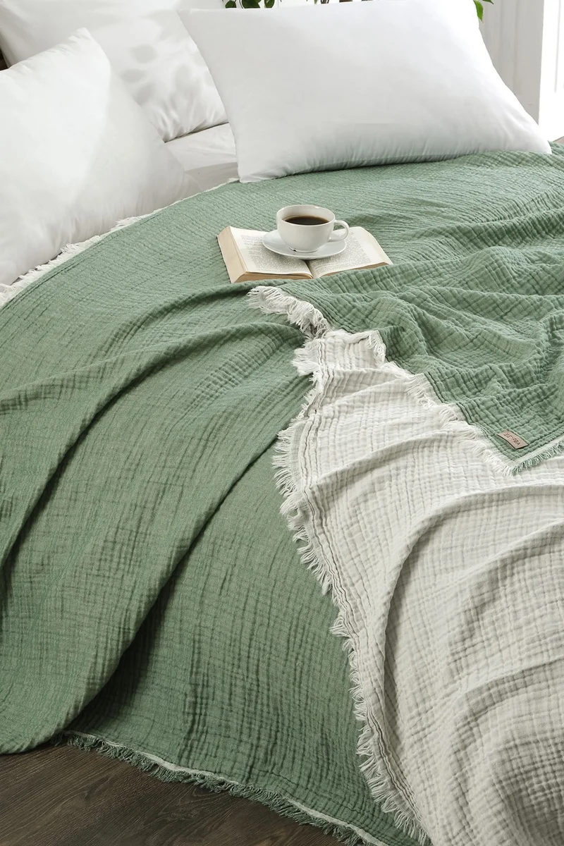 Zeypba 3 Layer Muslin Double Bedspread Double Sided Green-Ecru Tasseled Muslin
