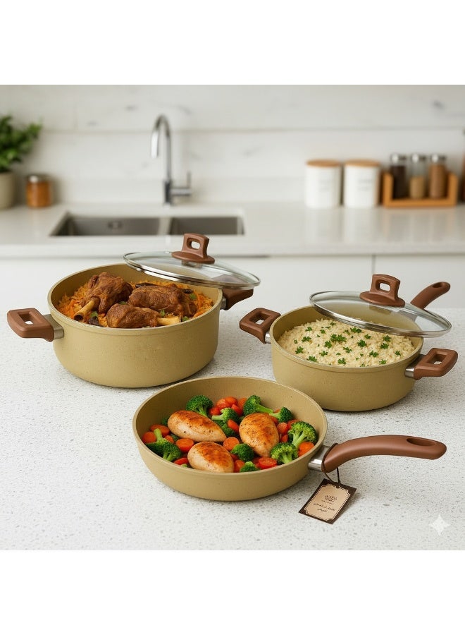 Granite Cookware set (Pot with Lid 24 cm + Pot with Lid 26 cm + Fry Pan 26 cm) Non-Stick - Image 1