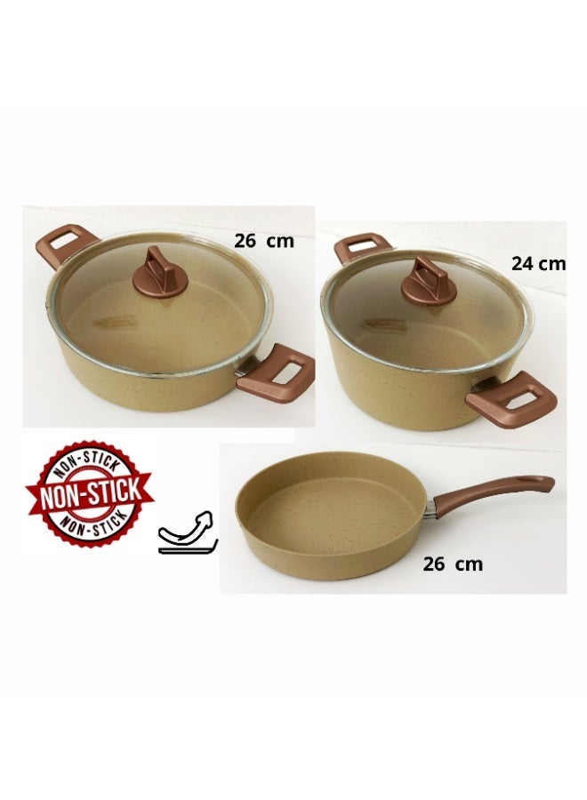 Granite Cookware set (Pot with Lid 24 cm + Pot with Lid 26 cm + Fry Pan 26 cm) Non-Stick - Image 2
