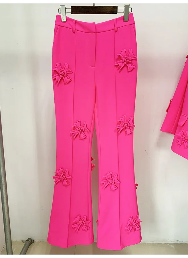 Madam Uniq Fashion Heavy-Duty Three-Dimensional Floral Decor Flared Long Pants Suit Trousers