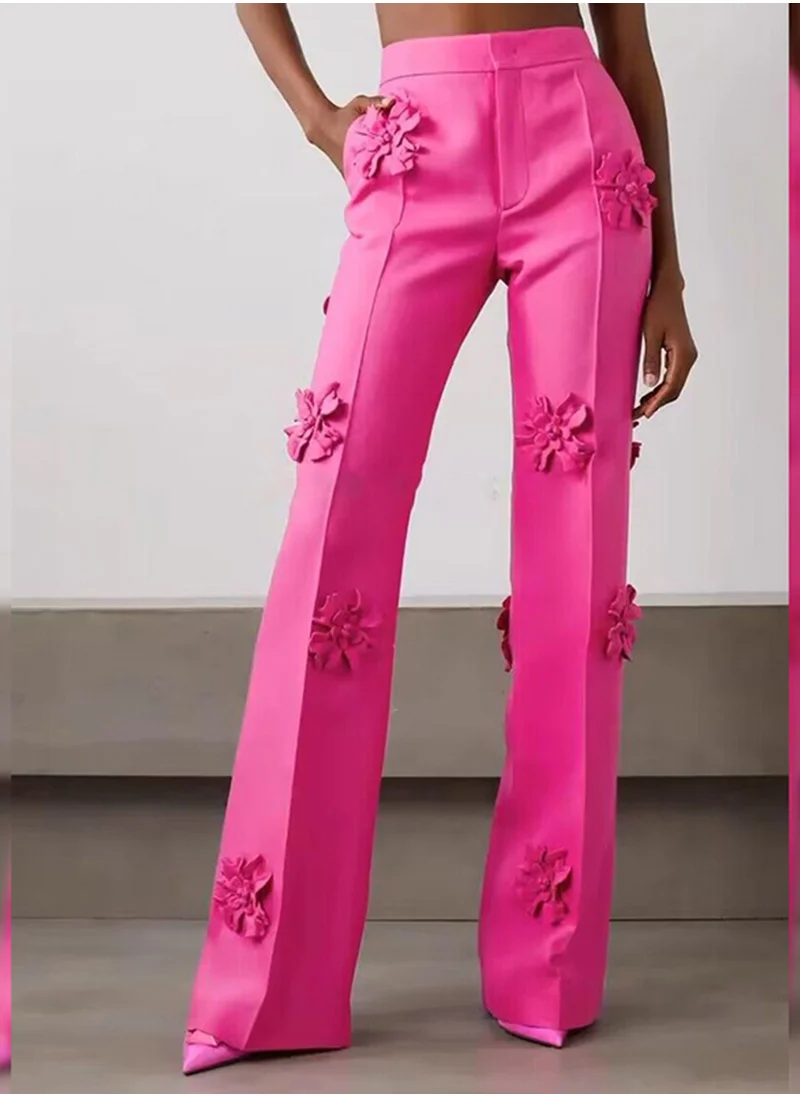 Madam Uniq Fashion Heavy-Duty Three-Dimensional Floral Decor Flared Long Pants Suit Trousers
