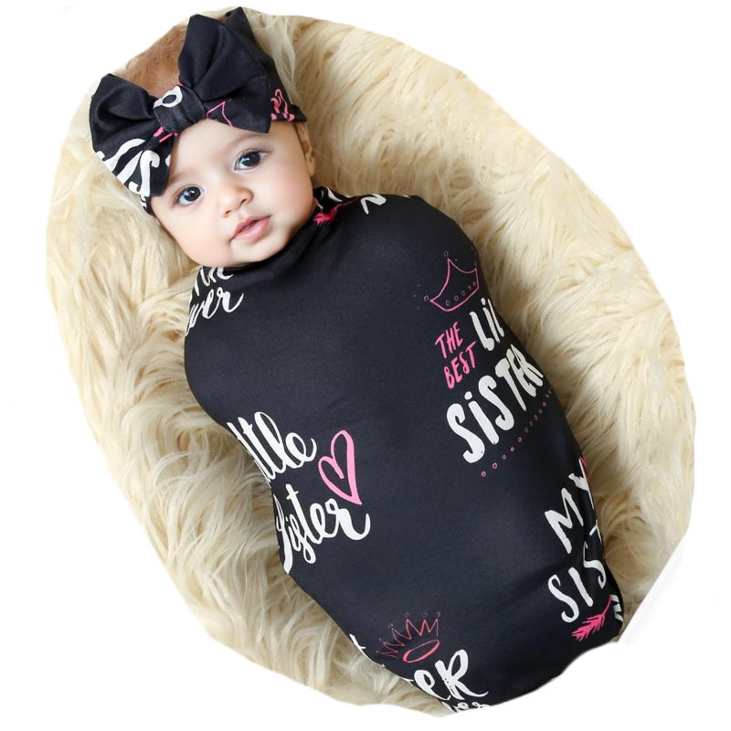 Galabloomer Newborn Receiving Blanket Headband Set Flower Print Baby Swaddle Blankets Black Sister
