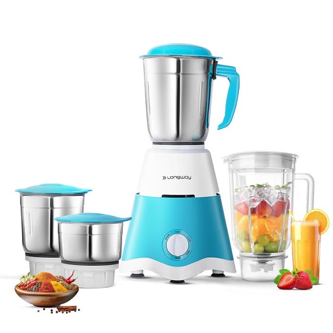 SUPER DLX 750 WATT JUICER MIXER GRINDER WITH 4 JARS FOR GRINDING, MIXING, JUICING WITH POWERFUL MOTOR | 1 YEAR WARRANTY | (WHITE & BLUE, 4 JARS)