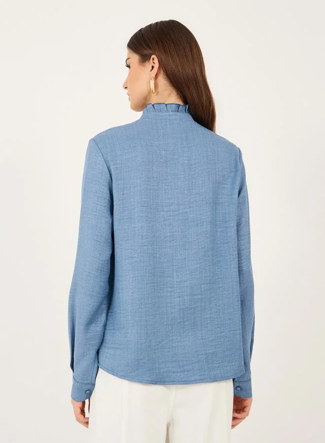 Styli Textured Ruffled Detail Buttoned Blouse