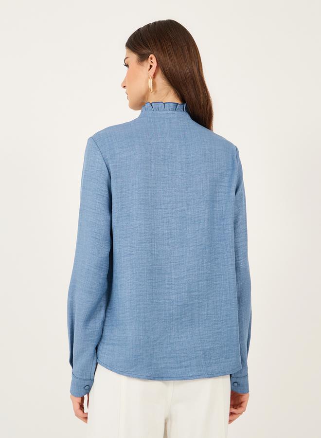 ستايلي بلوزة بأزرار وتفاصيل مكشكشة منقوشة - Image 5