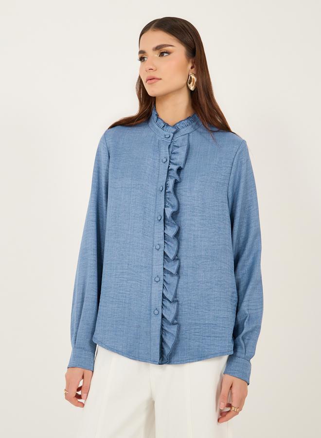 ستايلي بلوزة بأزرار وتفاصيل مكشكشة منقوشة - Image 2