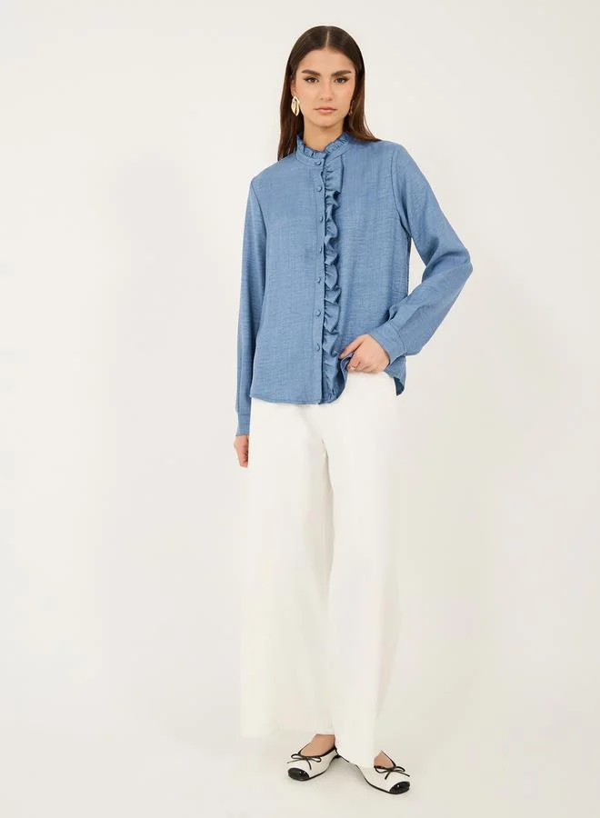 Styli Textured Ruffled Detail Buttoned Blouse