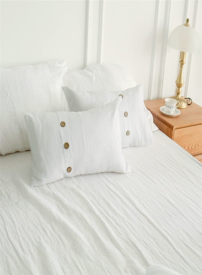 Simple&Opulence 100% Linen Lumbar Pillow Cover 12 x 20 Inch Set of 2 Rectangular Decorative Pillow Cover with Vintage Triple Coconut Button for Couch Sofa Bed Living Room Office Décor - White - Image 1