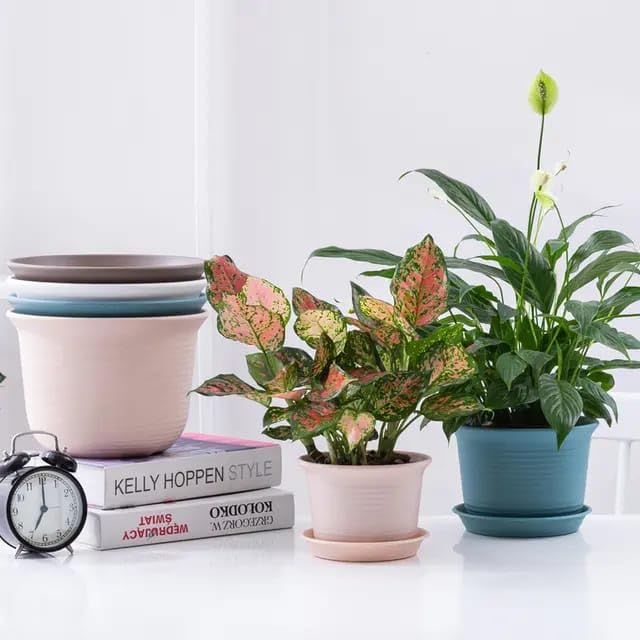 INKULTURE Plastic Round Flower Pots with Tray for Home Planters, Terrace, Garden Etc | Pack of 05 | Pink | Size 8 Inch | for Home Indoor & Outdoor Gardening Plants - Image 2