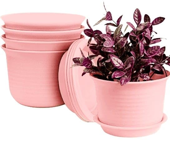 INKULTURE Plastic Round Flower Pots with Tray for Home Planters, Terrace, Garden Etc | Pack of 05 | Pink | Size 8 Inch | for Home Indoor & Outdoor Gardening Plants - Image 1