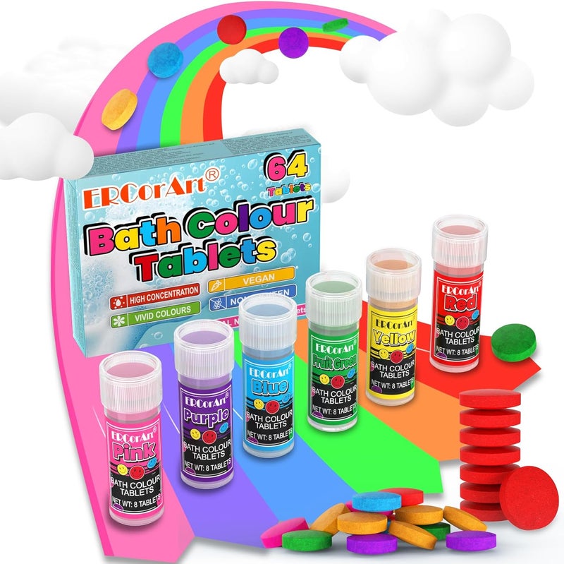 Bath Colour Tablets for Kids 64 Count Colorful Tablets SkinFriendly NonToxic No Fragrance Colour Changing Bathtub Drops Fun Educational Bathtime Activity 6 Bright Colours