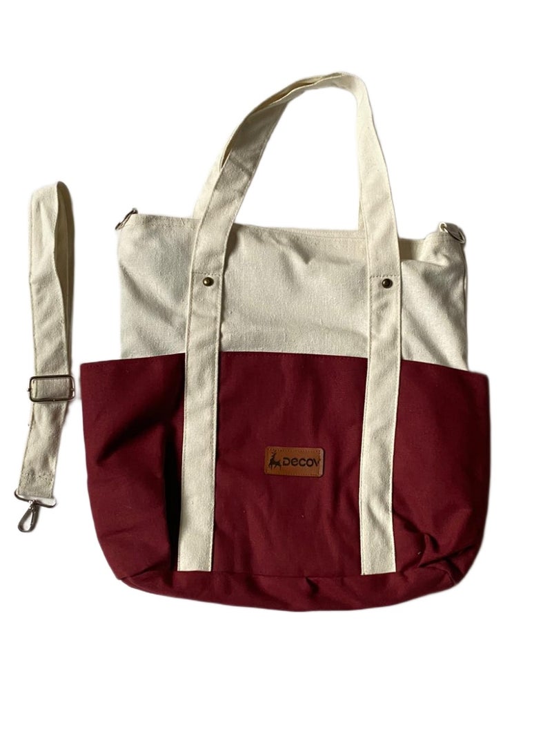 DECOV Canvas Tote Bag, Two-Tone Burgundy and Beige, Adjustable Shoulder Strap into arabic